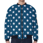 White And Blue USA Star Pattern Print Zip Sleeve Bomber Jacket