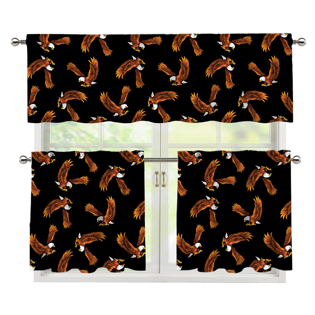 White And Brown Eagle Pattern Print 3 Piece Kitchen Curtains