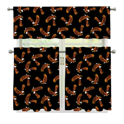 White And Brown Eagle Pattern Print 3 Piece Kitchen Curtains