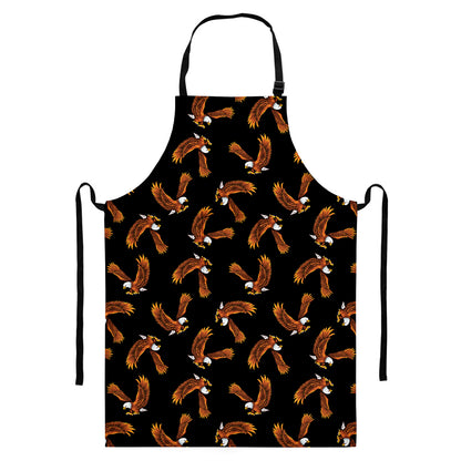 White And Brown Eagle Pattern Print Bib Apron With Pocket