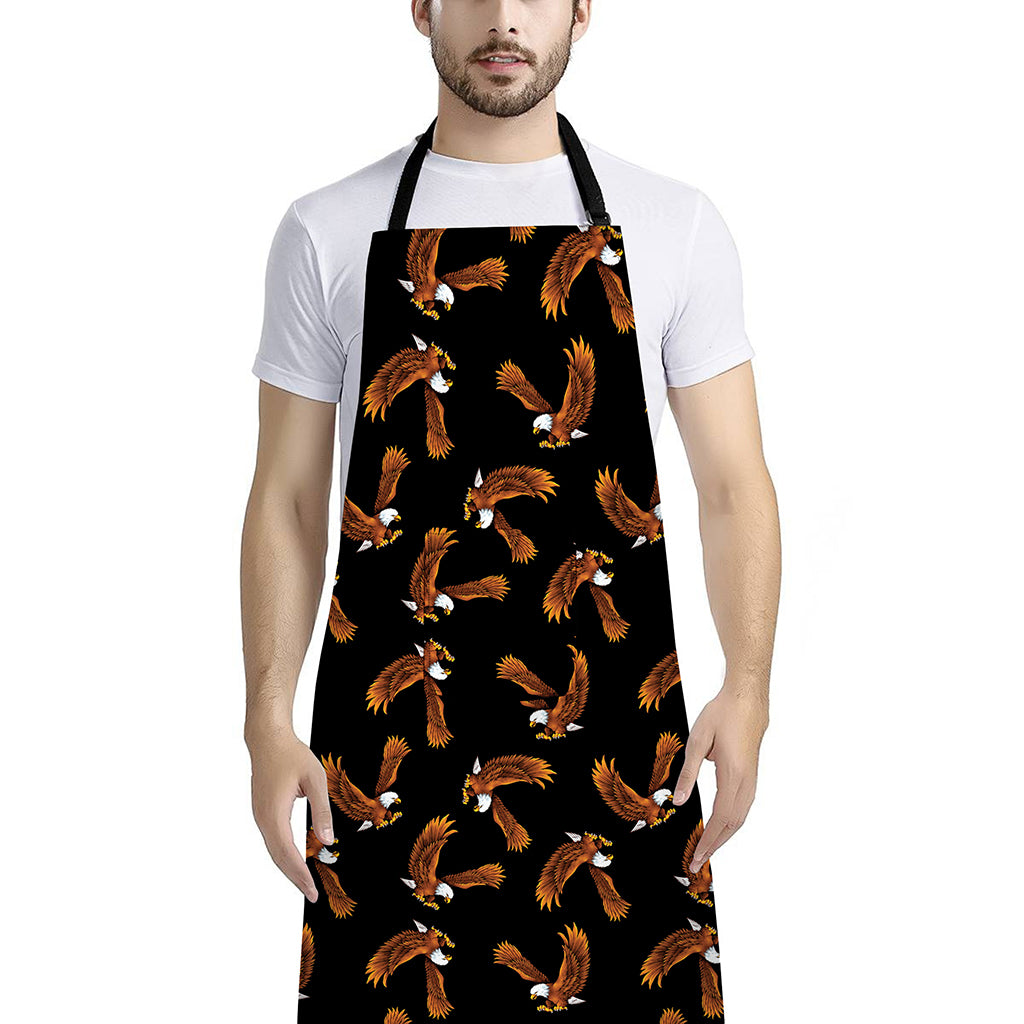 White And Brown Eagle Pattern Print Bib Apron With Pocket