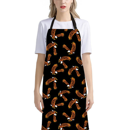 White And Brown Eagle Pattern Print Bib Apron With Pocket