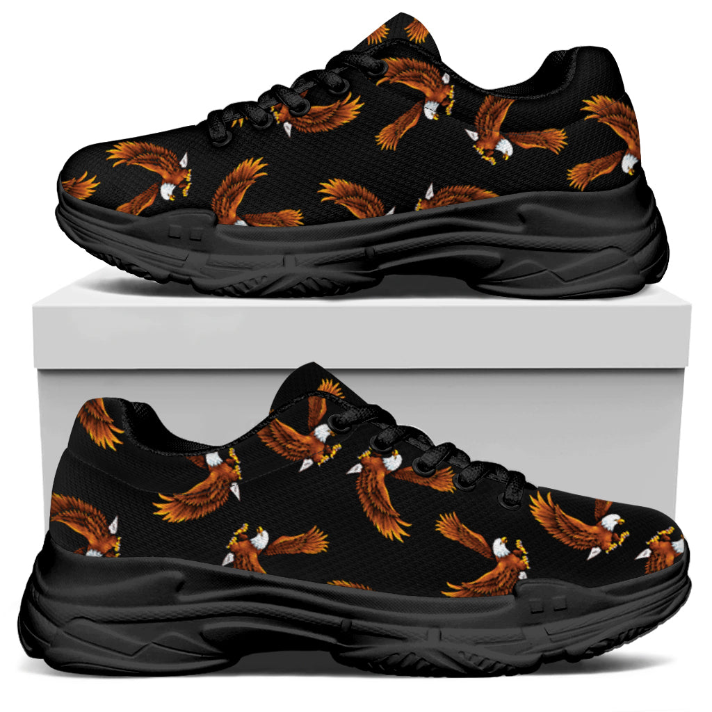 White And Brown Eagle Pattern Print Black Chunky Shoes