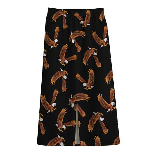 White And Brown Eagle Pattern Print Cotton Front Slit Maxi Skirt