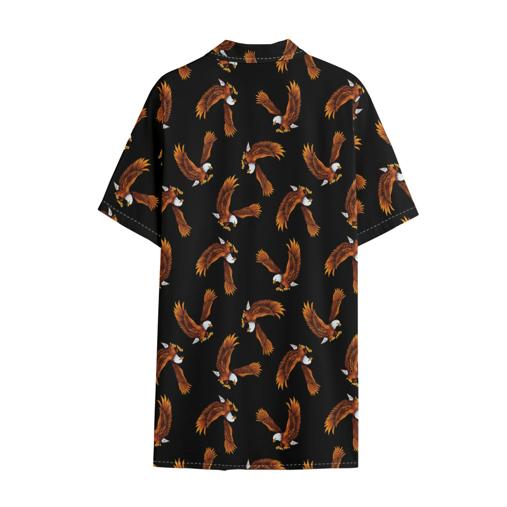 White And Brown Eagle Pattern Print Cotton Hawaiian Shirt
