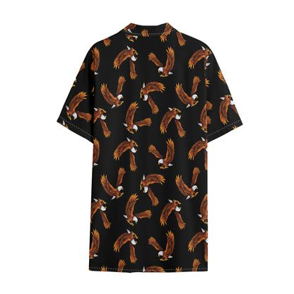 White And Brown Eagle Pattern Print Cotton Hawaiian Shirt
