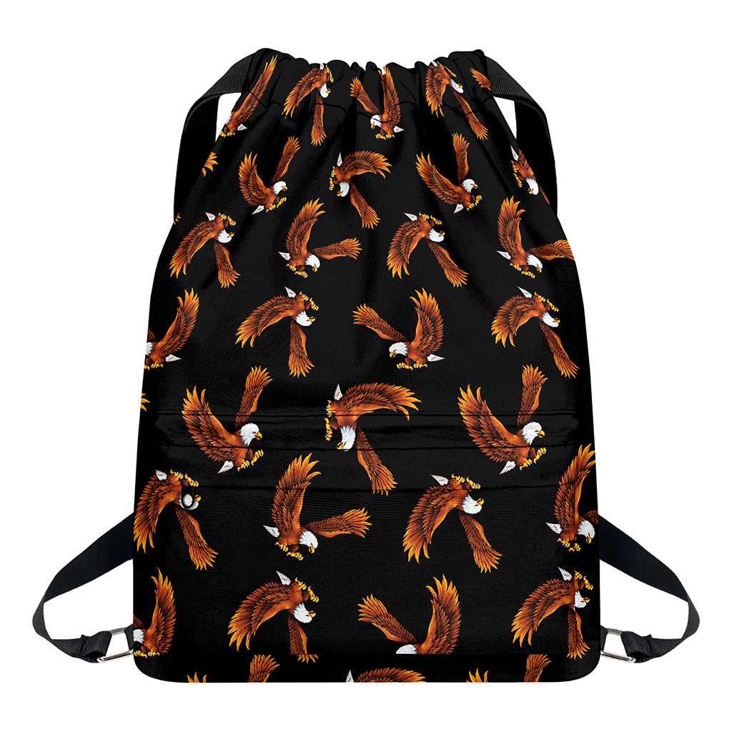 White And Brown Eagle Pattern Print Drawstring Backpack