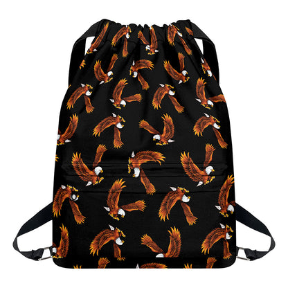 White And Brown Eagle Pattern Print Drawstring Backpack