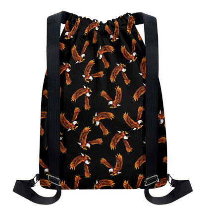 White And Brown Eagle Pattern Print Drawstring Backpack