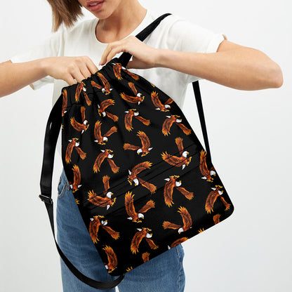 White And Brown Eagle Pattern Print Drawstring Backpack
