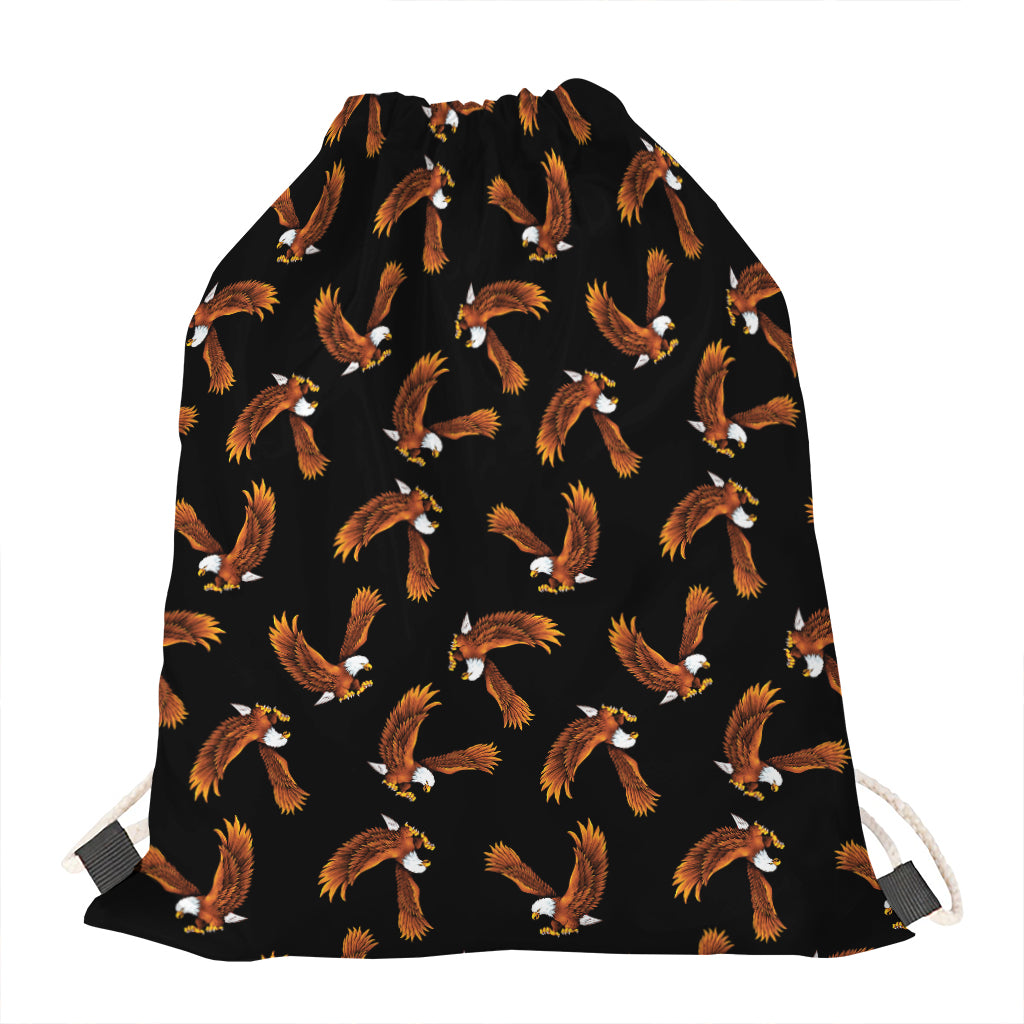 White And Brown Eagle Pattern Print Drawstring Bag