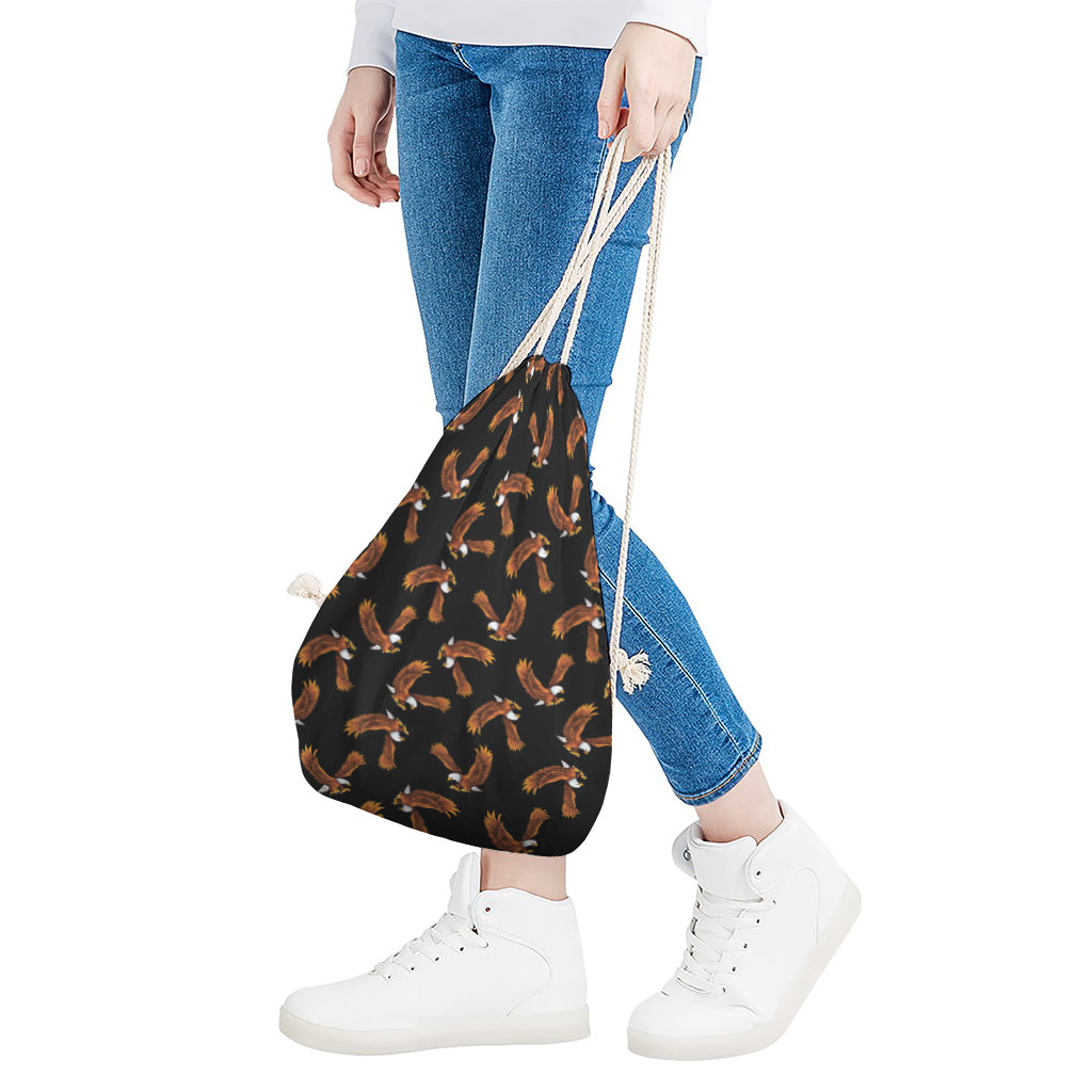 White And Brown Eagle Pattern Print Drawstring Bag
