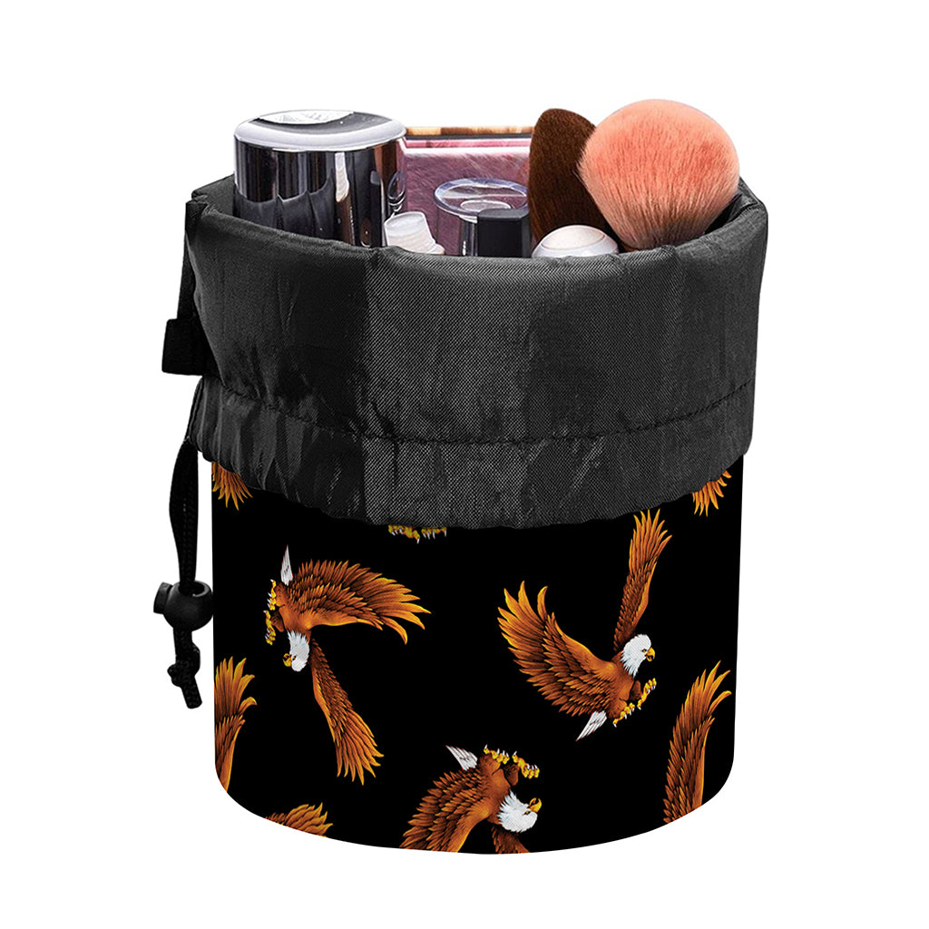 White And Brown Eagle Pattern Print Drawstring Makeup Bag