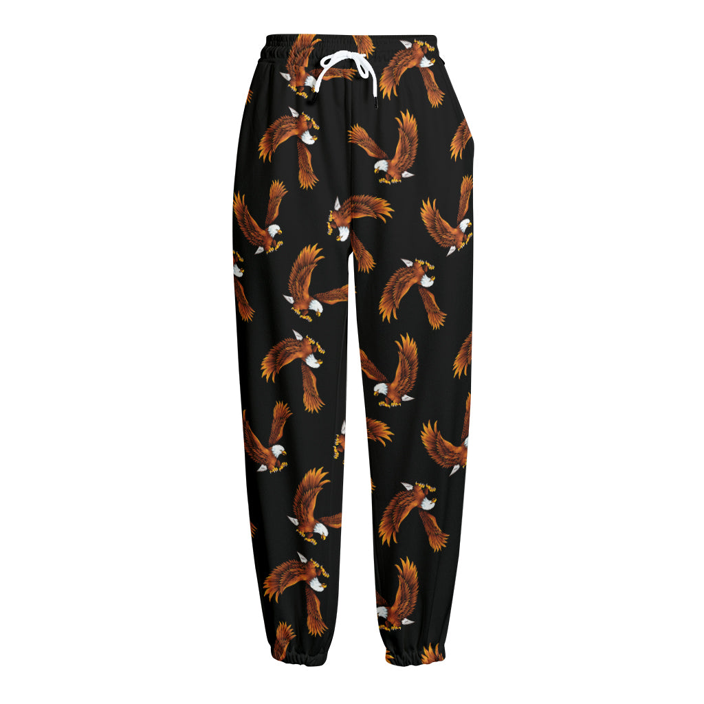 White And Brown Eagle Pattern Print Fleece Lined Knit Pants