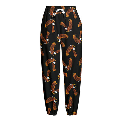 White And Brown Eagle Pattern Print Fleece Lined Knit Pants