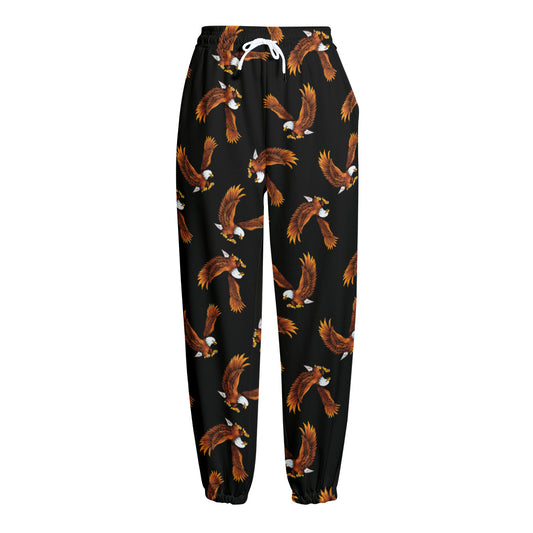 White And Brown Eagle Pattern Print Fleece Lined Knit Pants
