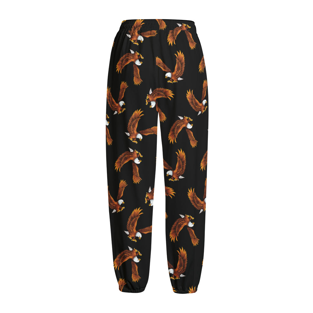White And Brown Eagle Pattern Print Fleece Lined Knit Pants