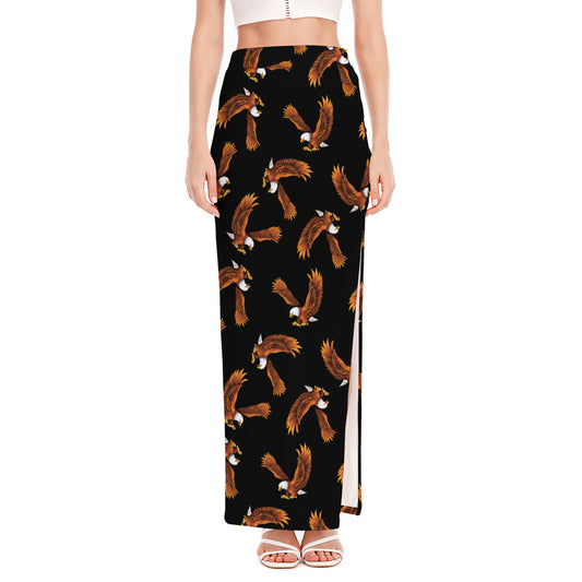 White And Brown Eagle Pattern Print High Slit Maxi Skirt