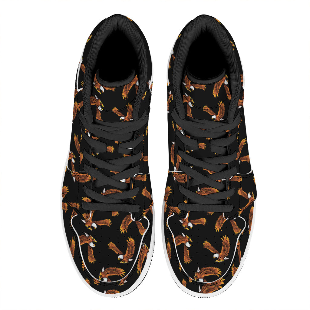White And Brown Eagle Pattern Print High Top Leather Sneakers