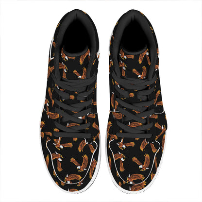 White And Brown Eagle Pattern Print High Top Leather Sneakers