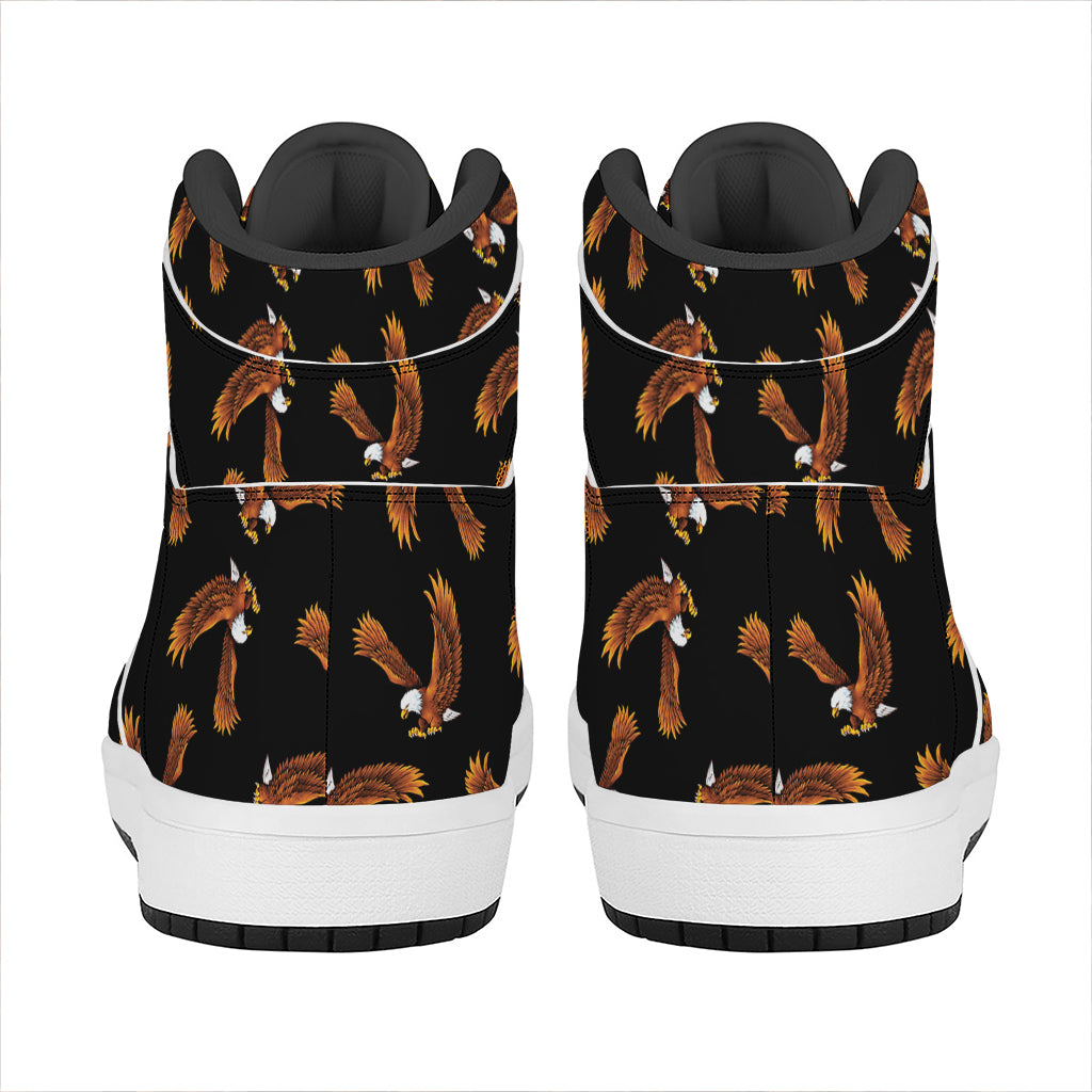 White And Brown Eagle Pattern Print High Top Leather Sneakers