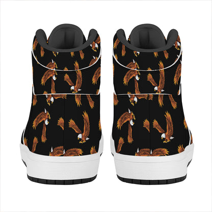 White And Brown Eagle Pattern Print High Top Leather Sneakers