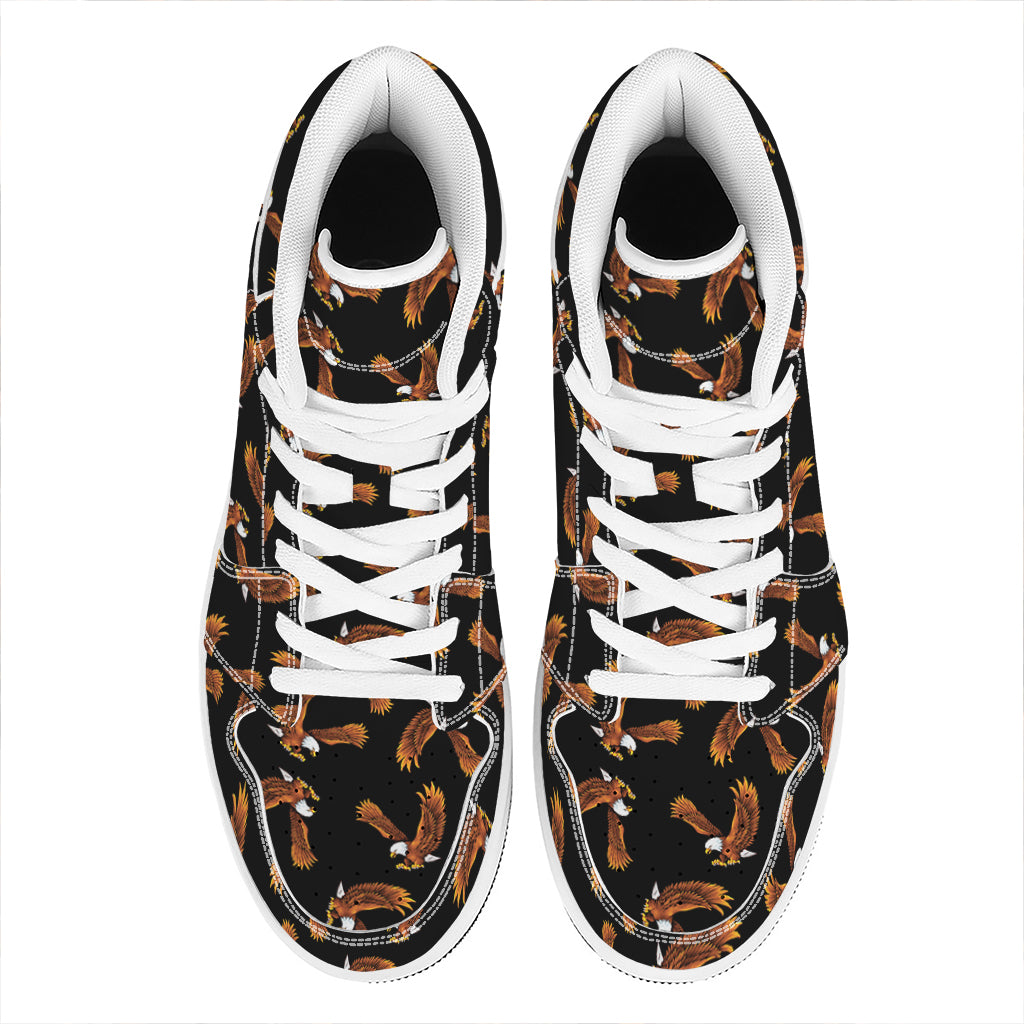 White And Brown Eagle Pattern Print High Top Leather Sneakers