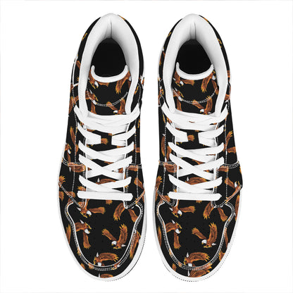 White And Brown Eagle Pattern Print High Top Leather Sneakers