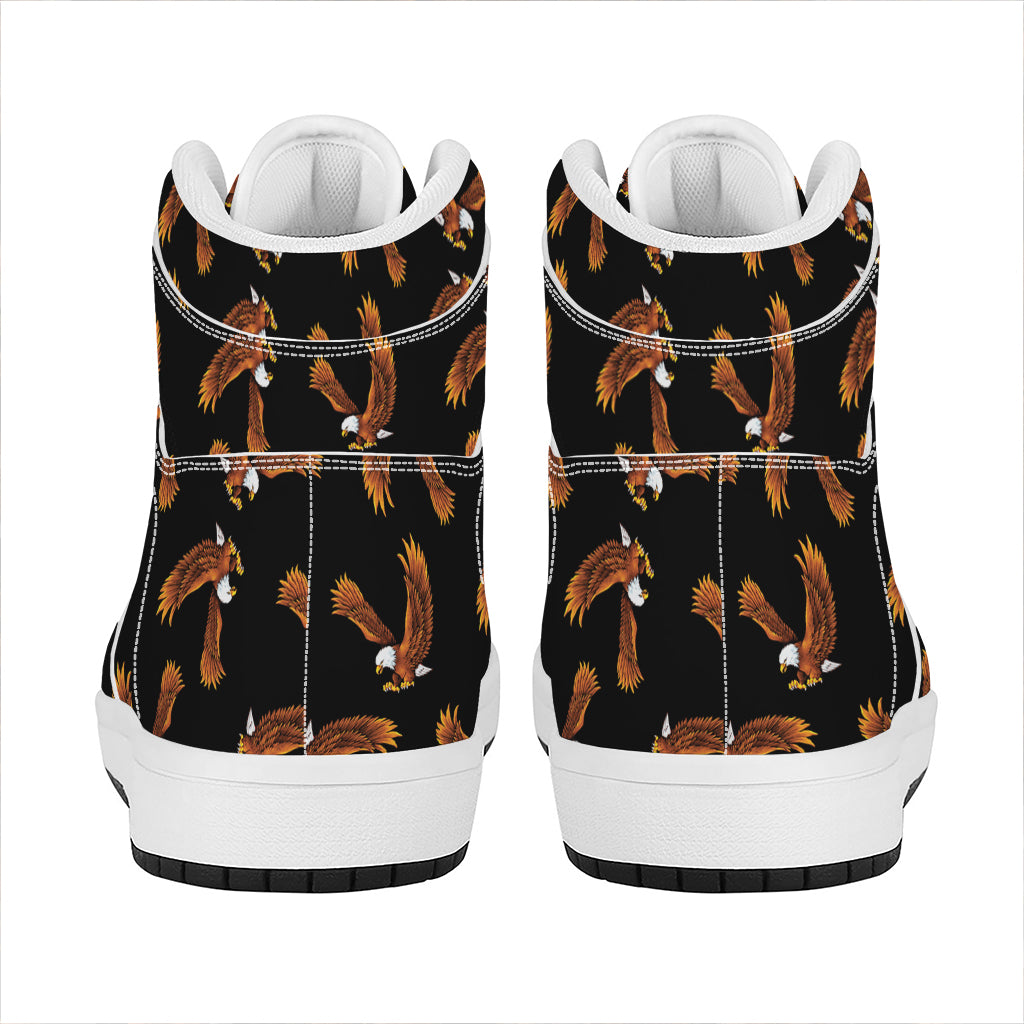 White And Brown Eagle Pattern Print High Top Leather Sneakers