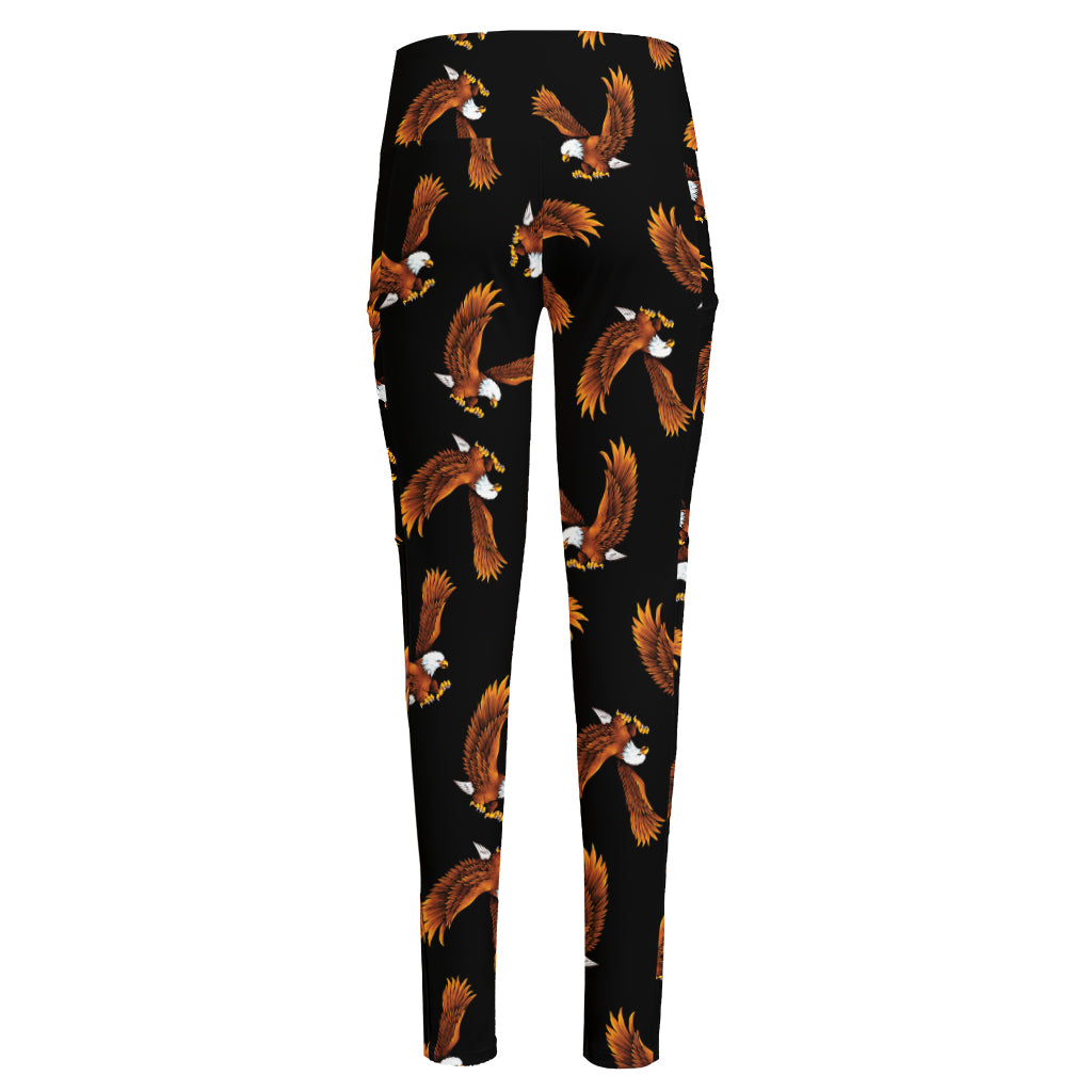 White And Brown Eagle Pattern Print High-Waisted Pocket Leggings