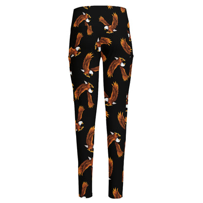 White And Brown Eagle Pattern Print High-Waisted Pocket Leggings