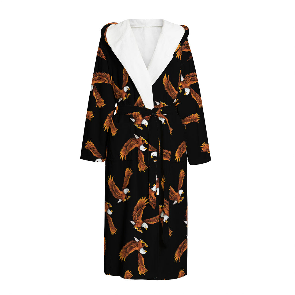 White And Brown Eagle Pattern Print Hooded Bathrobe