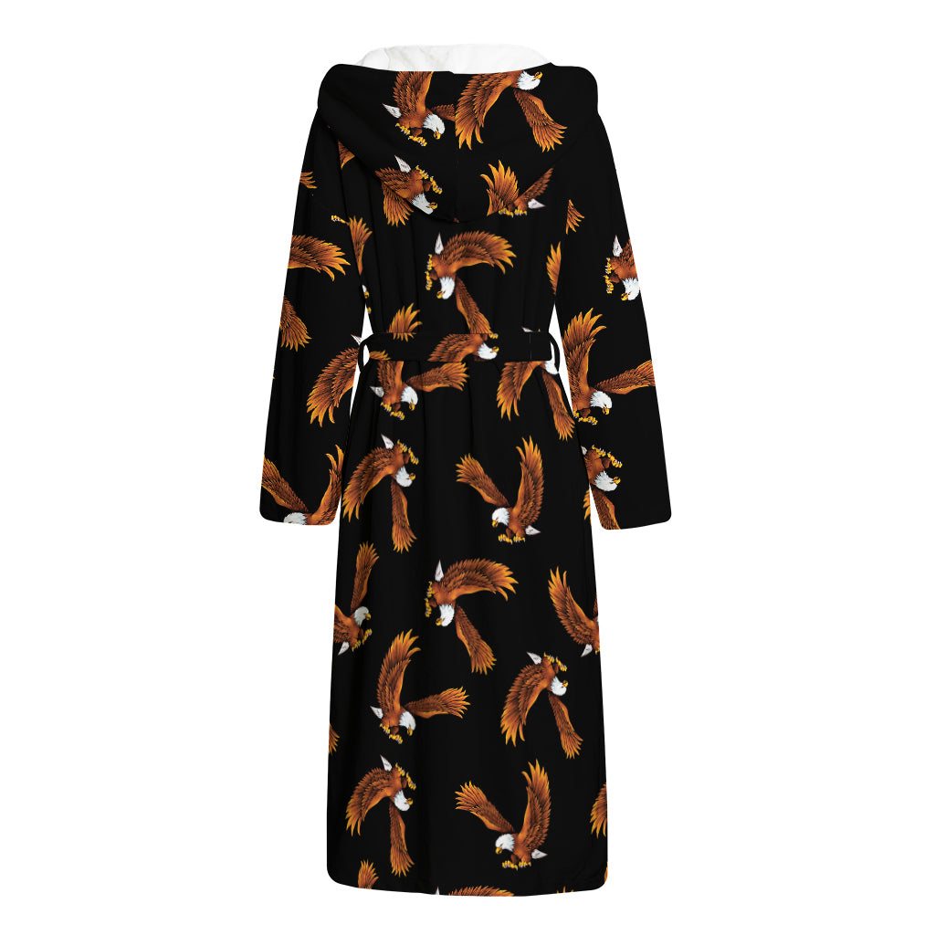 White And Brown Eagle Pattern Print Hooded Bathrobe