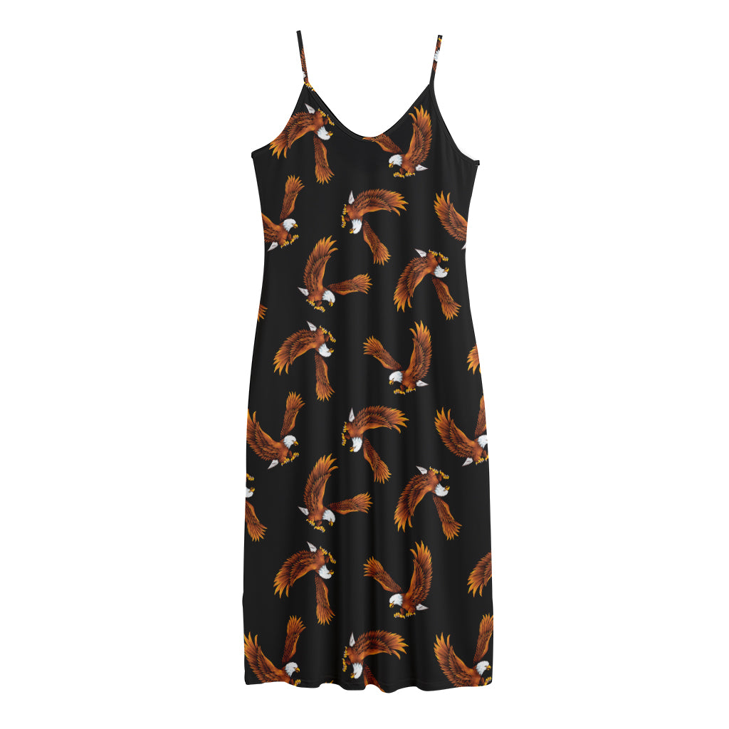 White And Brown Eagle Pattern Print Jersey Midi Cami Dress