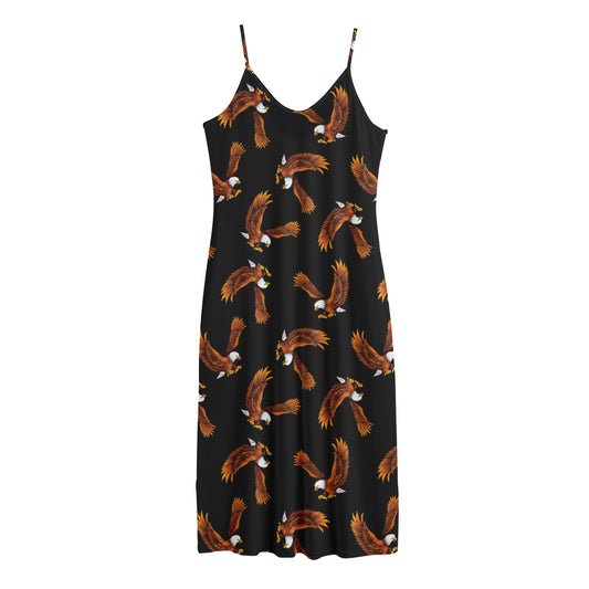 White And Brown Eagle Pattern Print Jersey Midi Cami Dress