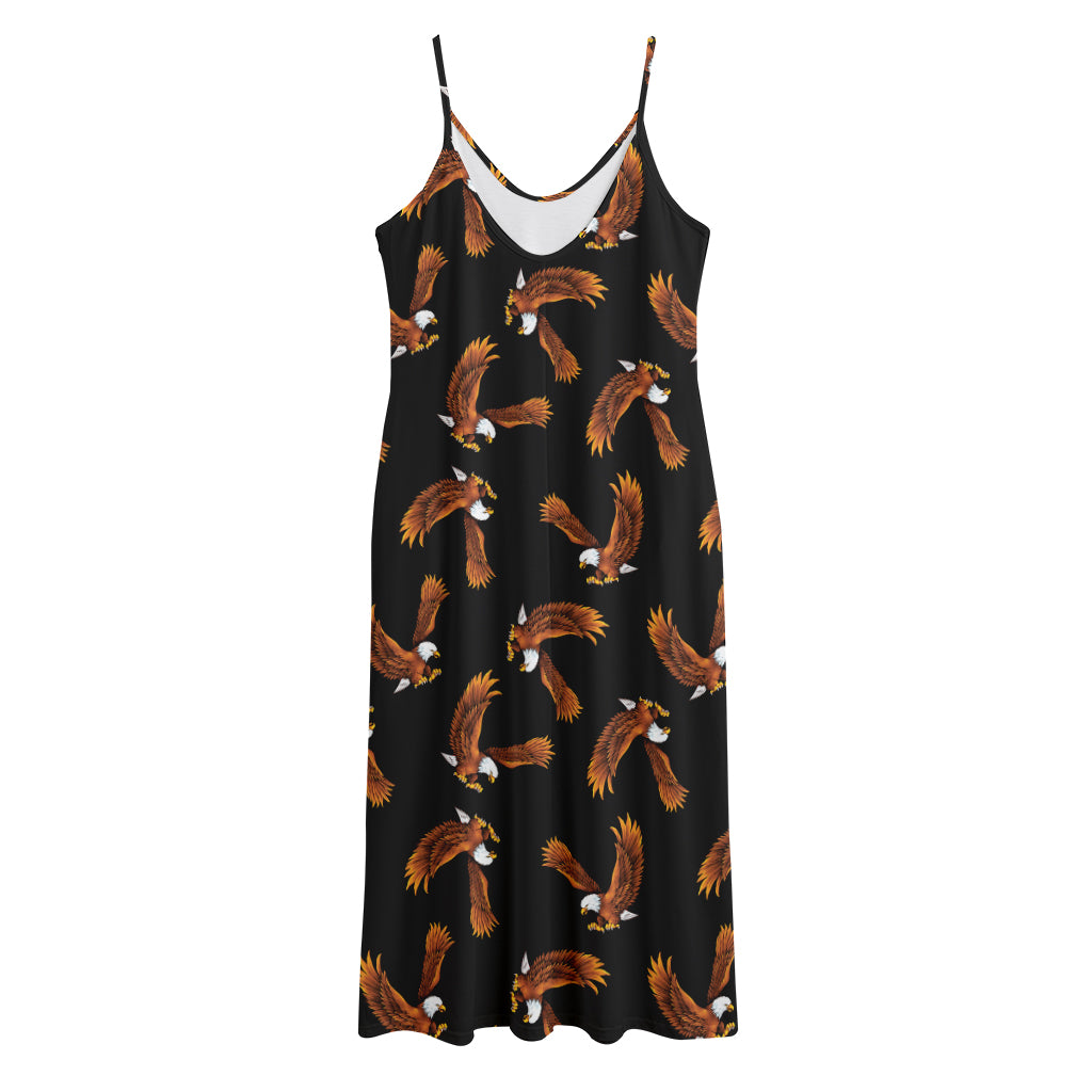 White And Brown Eagle Pattern Print Jersey Midi Cami Dress