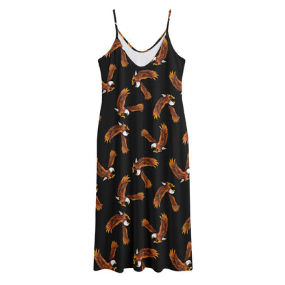 White And Brown Eagle Pattern Print Jersey Midi Cami Dress