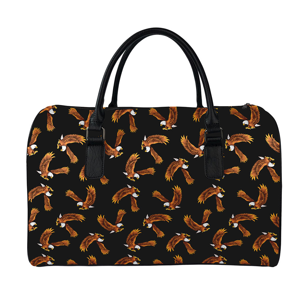 White And Brown Eagle Pattern Print Leather Duffle Bag