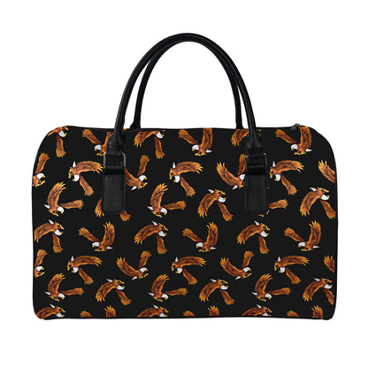 White And Brown Eagle Pattern Print Leather Duffle Bag
