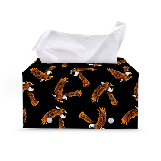 White And Brown Eagle Pattern Print Leather Tissue Box Cover