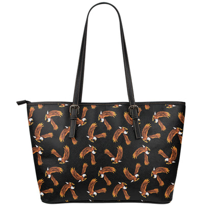 White And Brown Eagle Pattern Print Leather Tote Bag