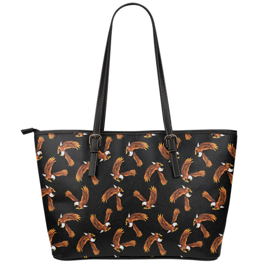 White And Brown Eagle Pattern Print Leather Tote Bag