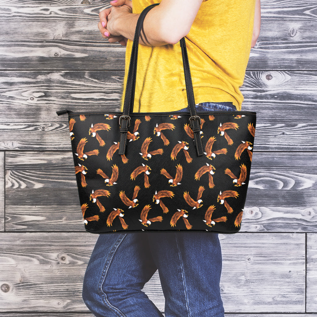 White And Brown Eagle Pattern Print Leather Tote Bag