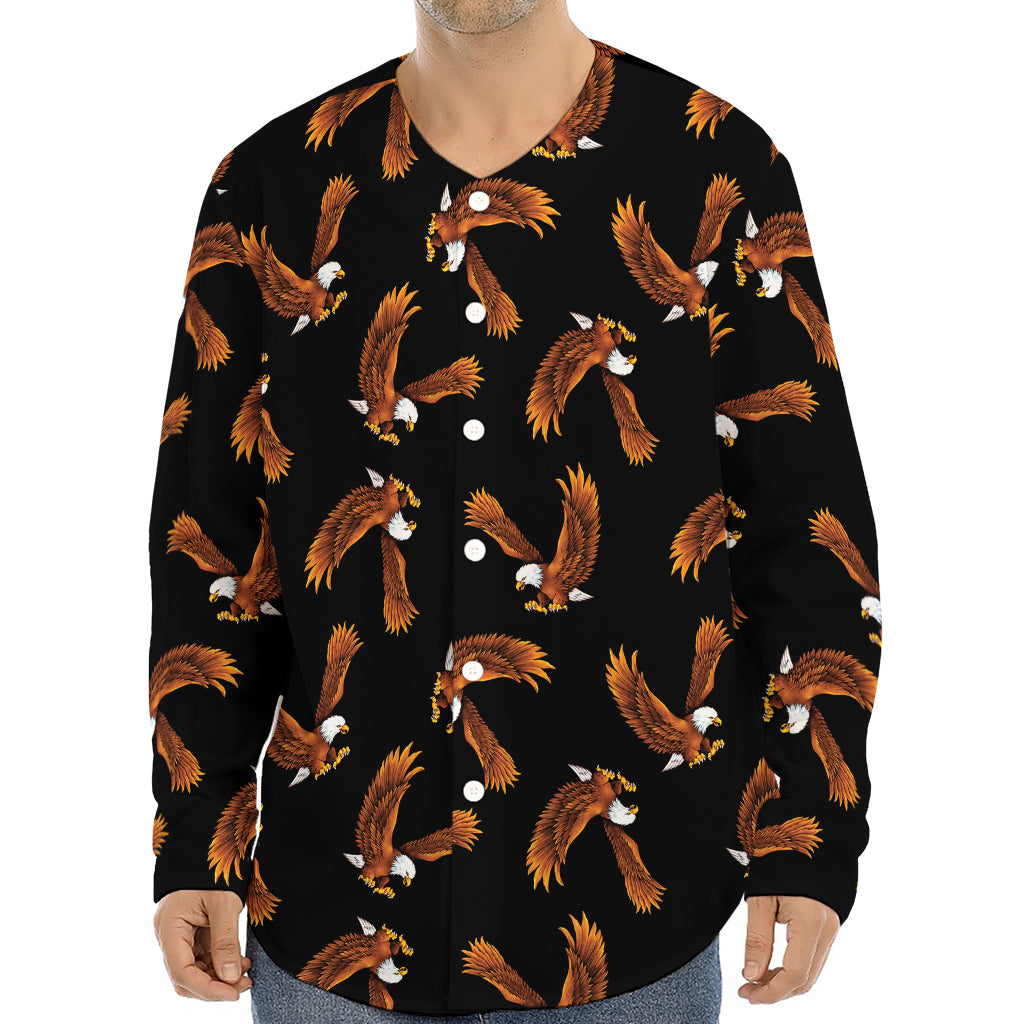 White And Brown Eagle Pattern Print Long Sleeve Baseball Jersey