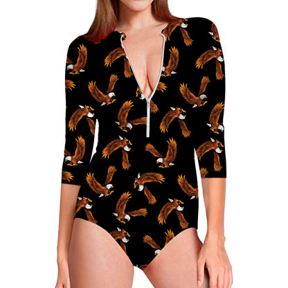 White And Brown Eagle Pattern Print Long Sleeve Swimsuit