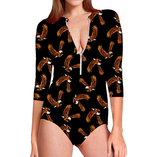 White And Brown Eagle Pattern Print Long Sleeve Swimsuit