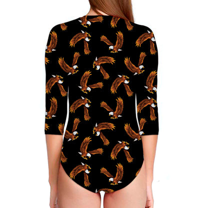 White And Brown Eagle Pattern Print Long Sleeve Swimsuit