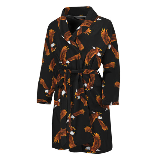 White And Brown Eagle Pattern Print Men's Bathrobe