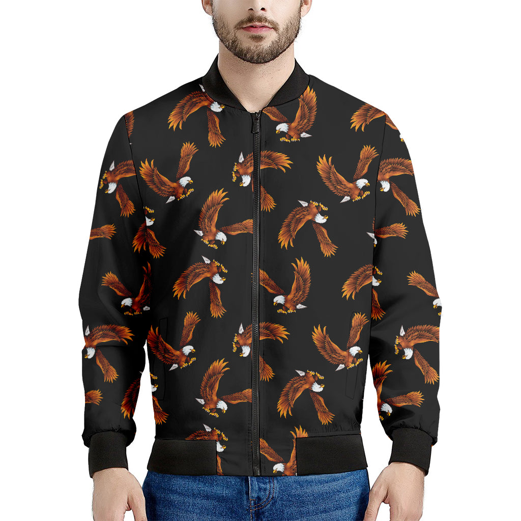 White And Brown Eagle Pattern Print Men's Bomber Jacket