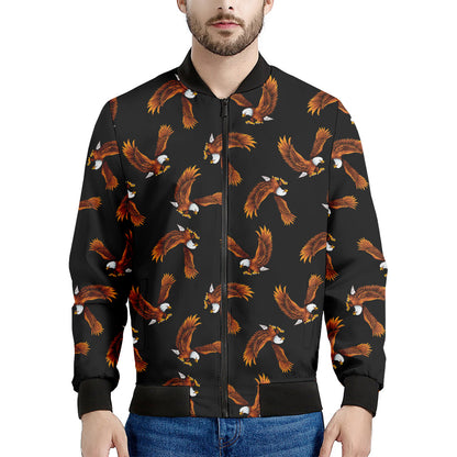 White And Brown Eagle Pattern Print Men's Bomber Jacket